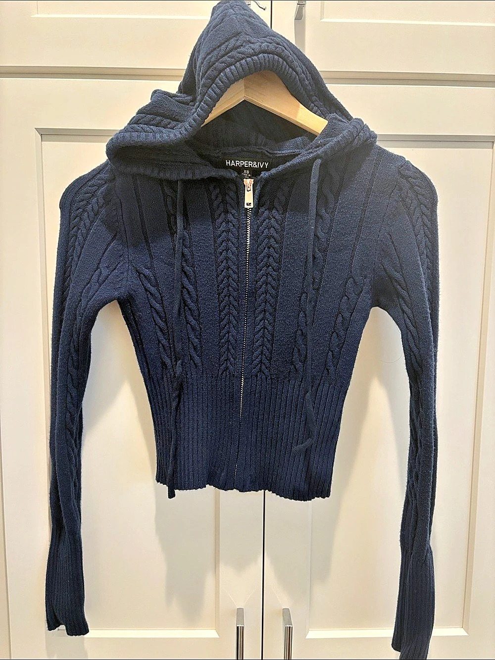Harper & Ivy Cable Knit Hooded Sweater in Navy Blue XS, New!